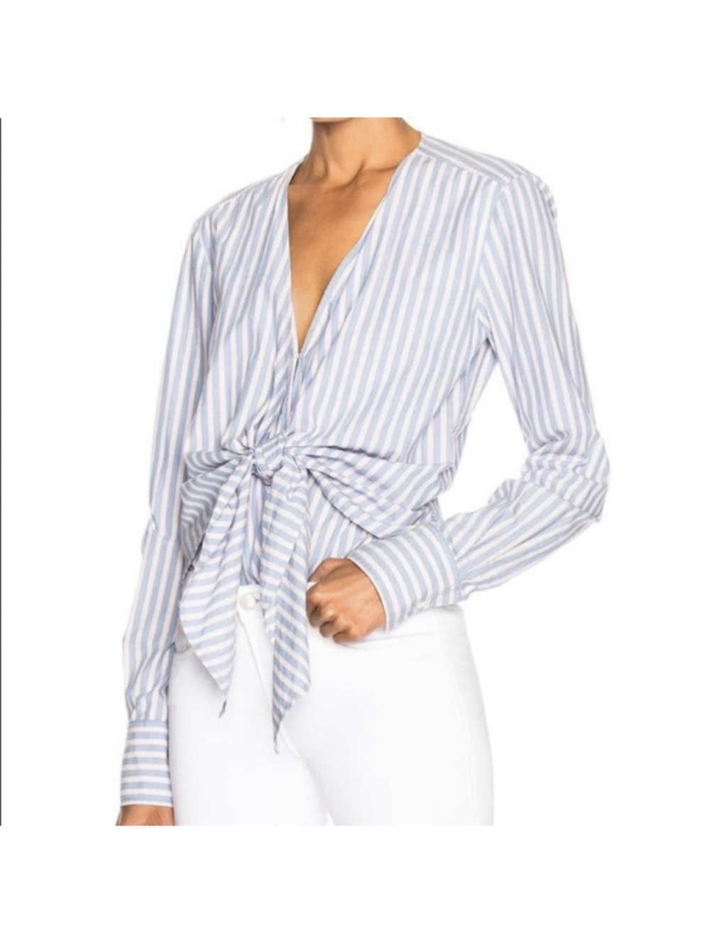 Veronica Beard Diana Bodysuit Blouse White Blue Stripes Cotton Long Sleeve Small